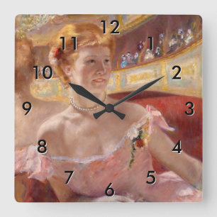 Mary Cassatt - Vrouw met parelketting in een loge Vierkante Klok