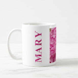 Mary, gepersonaliseerde roze hortensia bloemenbele koffiemok