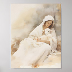 Mary Holding Lamb Waterverf Art Print