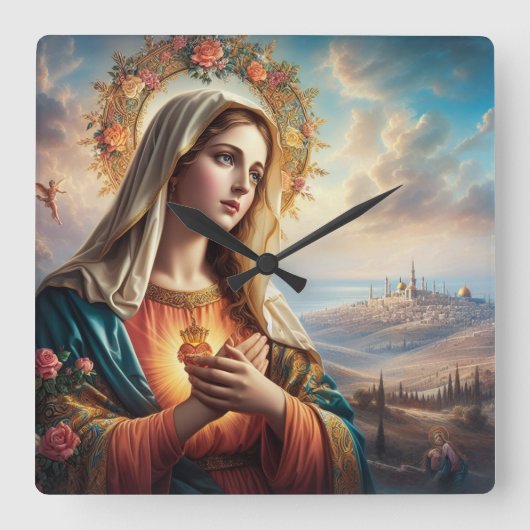 Mary Virgin Jesus Vierkante Klok (Voorkant)