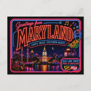 Maryland Neon Staat Retro Vintage Briefkaart