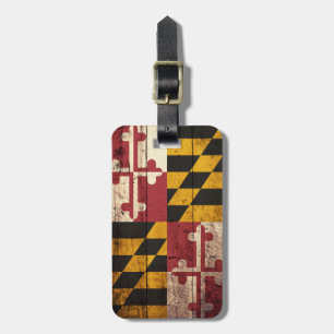 Maryland State Flag op Old Wood Grain Bagagelabel