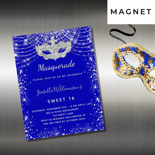 Mascarade bleu royal Sweet 16 aimant invitation