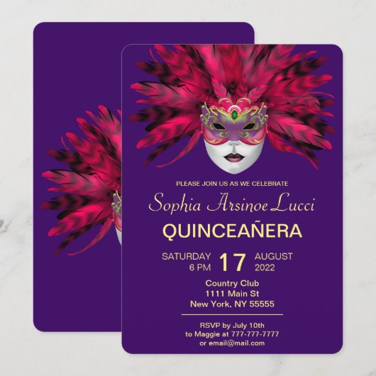 Mascarade colorée Quinceañera Party Invitation (Devant / Derrière)