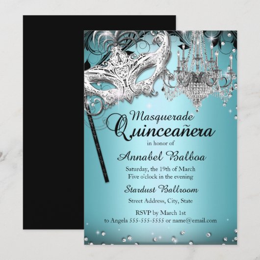 Mascarade de lustre bleu Quinceanera Invitation (Devant / Derrière)
