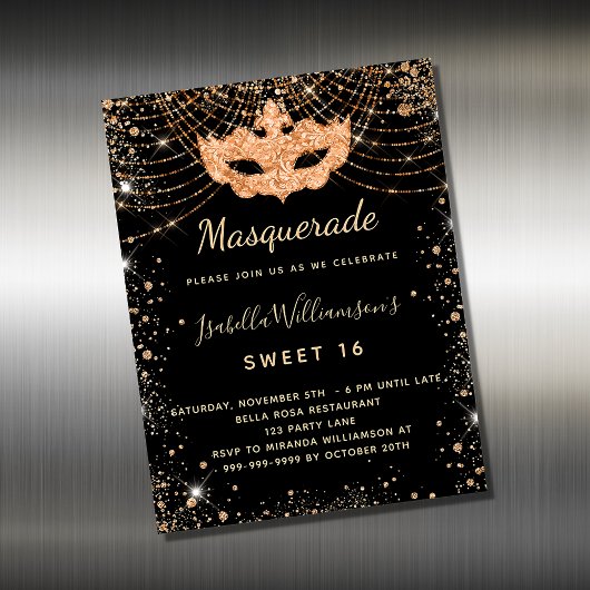Mascarade or noir Sweet 16 aimant invitation