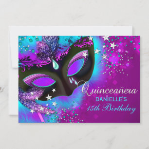 Mascarade rose et Turquoise Quinceanera Invitation