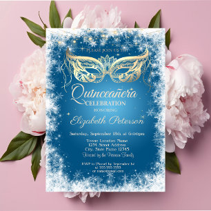Mascarade, Snowflakes, Blue Quinceañera Invitation