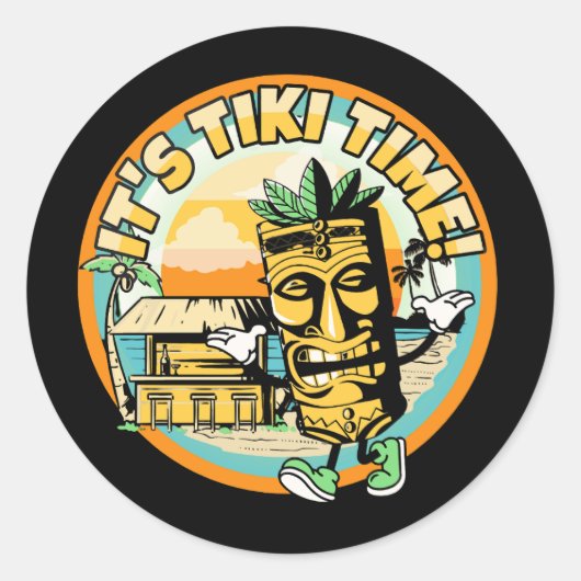 mascotte-tiki-met-strand-bar-it039s-tiki-tijd ronde sticker (Voorkant)