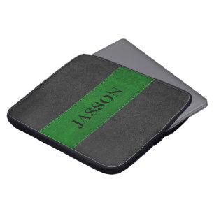 Masculinair zwart en groen kunstleder laptop sleeve