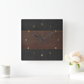 Masculine Brown & Black Stitched Leather Texture Vierkante Klok (Huis)