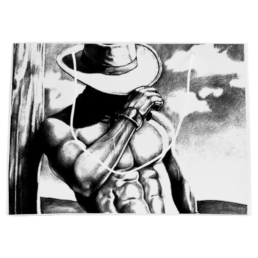 Masculine Cool Cowboy Bodybuilder Charcoal Drawing Groot Cadeauzakje (Voorkant)