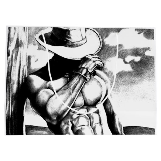 Masculine Cool Cowboy Bodybuilder Charcoal Drawing Groot Cadeauzakje (Achterkant)