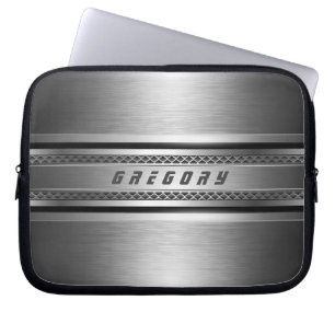 Masculine Faux Silver Grey Stripes Design Laptop Sleeve