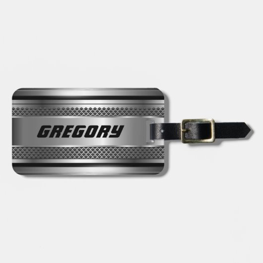 Masculine Faux Silver Stripes Design Monogramed Bagagelabel (Voorkant horizontaal)
