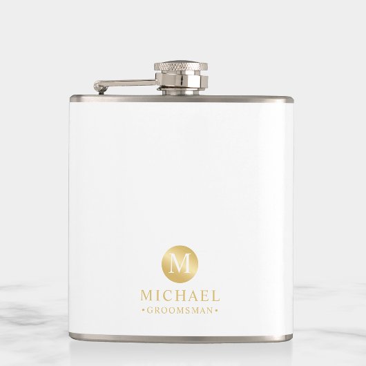 Masculine White en Gold Personalized Groomsmen Heupfles