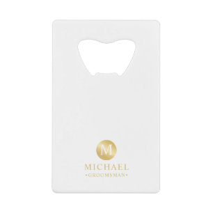 Masculine White en Gold Personalized Groomsmen Kredietkaart Flessenopener