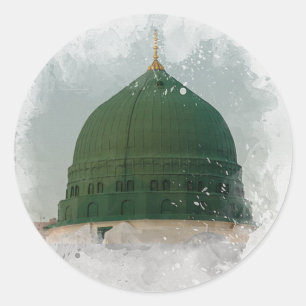 Masjid An-Nabawi waterverf illustratie Islamitisch Ronde Sticker