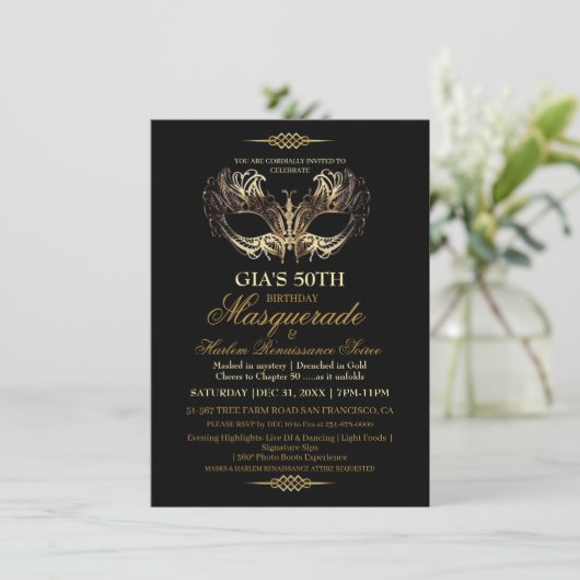 Mask Black Gold 50th Masquerade Birthday Kaart (Staand voorkant)