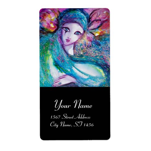 MASK IN BLAUW, roze zwart Etiket (Voorkant)