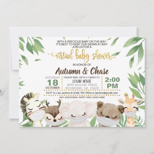 Masked Animal Virtual Baby shower Invitation Kaart (Voorkant)