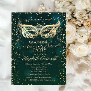 Masker Goud Diamanten Groene Quinceañera Uitnodiging Briefkaart