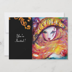 MASKER IN GEEL, MARDI GRAS FEestJE zwart paars roo Kaart