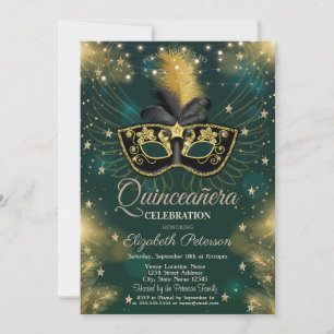 Masker,Kerstverlichting,Sterren Groene Quinceañera Kaart