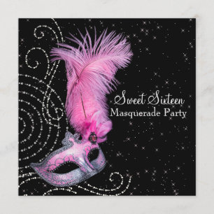 Masker met veren Roze Zwart Sweet 16 Maskerade Fee Kaart