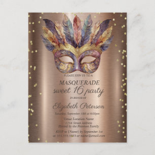 Masker Veren Goud Diamanten Koper Sweet 16 Uitnodiging Briefkaart