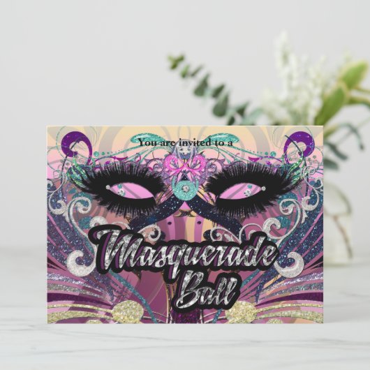 Maskerade Ball Kleurrijke Wimpers Masker Uitnodigi Kaart (Staand voorkant)