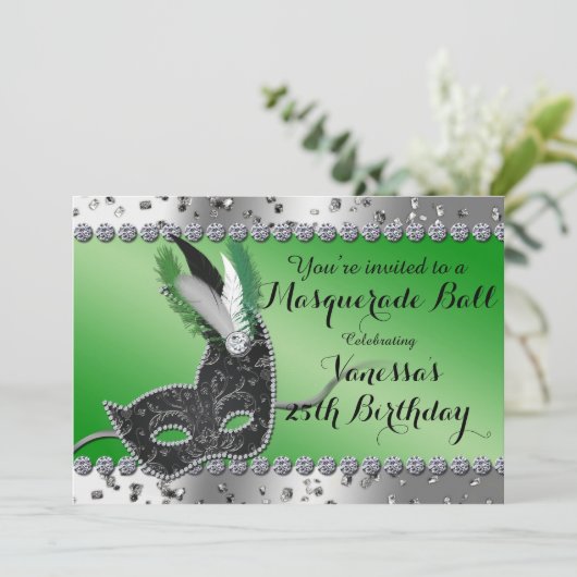 Maskerade Ball Mask Green Silver Party Uitnodiging (Staand voorkant)