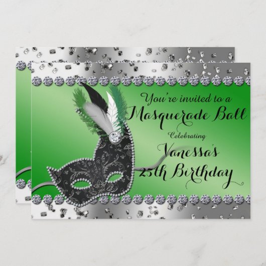 Maskerade Ball Mask Green Silver Party Uitnodiging (Voorkant / Achterkant)