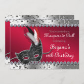 Maskerade Ball Party Zilveren en Rode Uitnodiging (Voorkant / Achterkant)