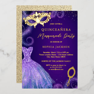 Maskerade Feest Gouden Paarse Jurk Quinceanera Folie Uitnodiging