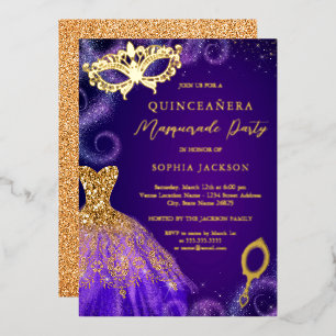 Maskerade Feest Paarse Gouden Jurk Quinceanera Folie Uitnodiging