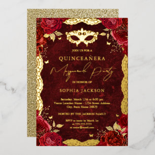 Maskerade Feest Rode Roos Kant Quinceanera Folie Uitnodiging