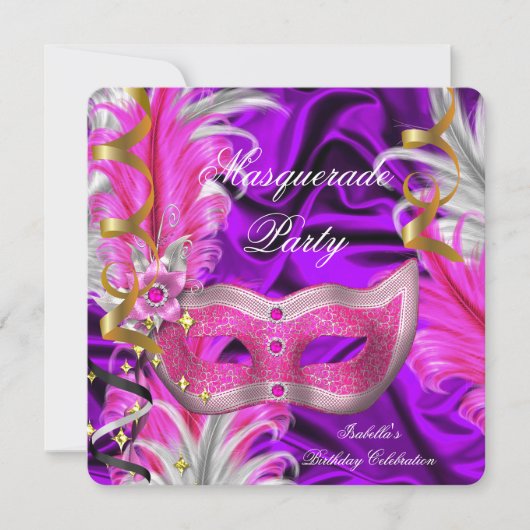 Maskerade Feest Verjaardagsfeest Paars Roze Kaart (Voorkant)