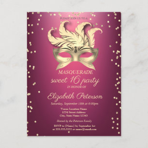 Maskerade Gold Diamonds, Masque, Paarse Sweet 16 Uitnodiging Briefkaart