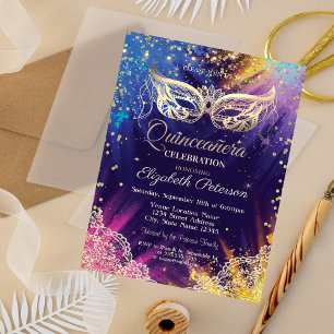 Maskerade, Kant,Verfspatten Quinceañera Kaart