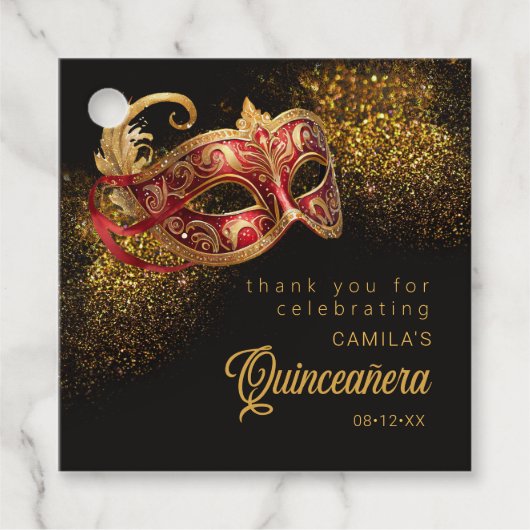 Maskerade Masker Quinceanera Rood Goud ID1031 Bedankjes Labels (Voorkant)