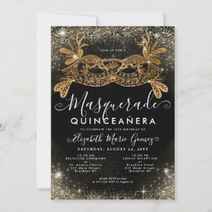 Maskerade Masker Zwart Goud Glitter Quinceanera Kaart