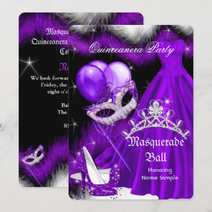 Maskerade Quinceanera Paars Zwarte Veer 2a Kaart