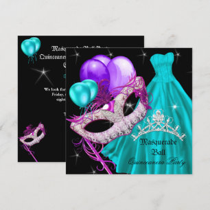Maskerade Quinceanera Verjaardag Teal Paars Kaart