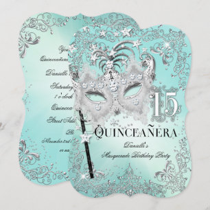 Maskerade Teal Zilver Quinceanera Verjaardagsuitno Kaart