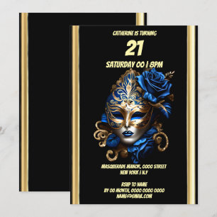 Maskerade thema carnaval blauw goud masker gemaske kaart