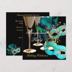 Maskerade Verjaardagsfeest Teal Blauw Gouden Maske Kaart