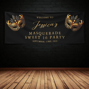 Maskerade Zwart Goud Sweet 16 Verjaardags Welkom Spandoek