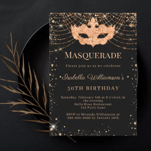 Maskerade zwart goud verjaardagsfeestje kaart