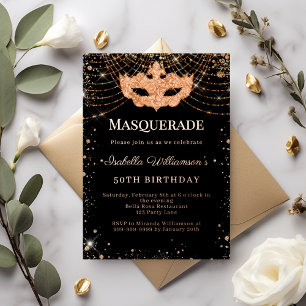 Maskerade zwarte roos gouden luxe verjaardagsfeest folie uitnodiging